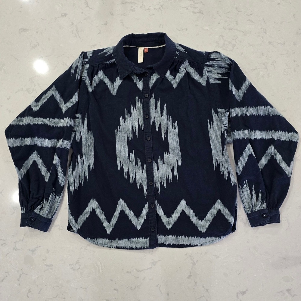 Anthro Pilcro Ikat Button Down Shirt XS Blue Geometric Voile Coastal Boho
